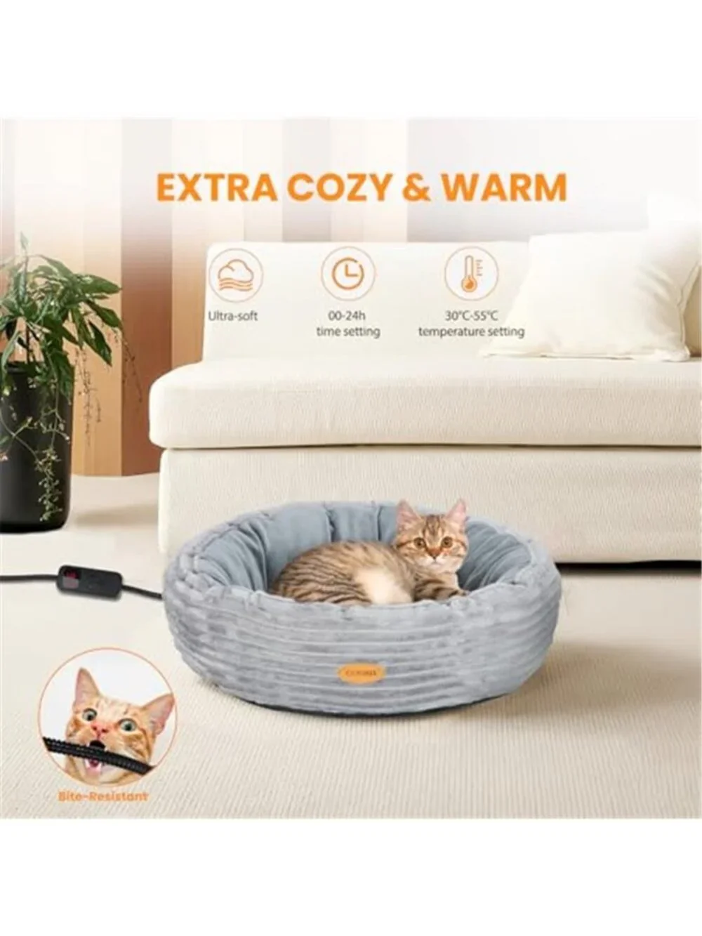 Heated Cat Bed Electric Warming Donut Pet Bed Adjustable Temperature Washable